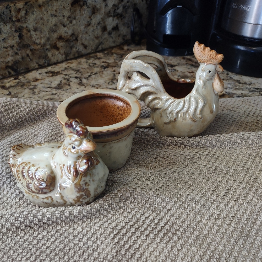 Rustic French Hen and Rooster speckled pottery cream and sugar set